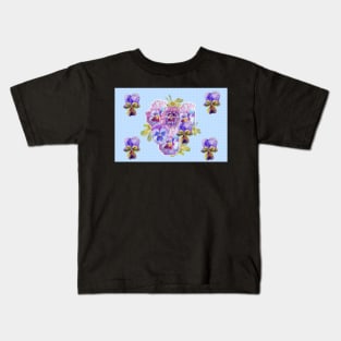 Shabby Chic Purple Pansy floral Dot Blue Pattern Kids T-Shirt